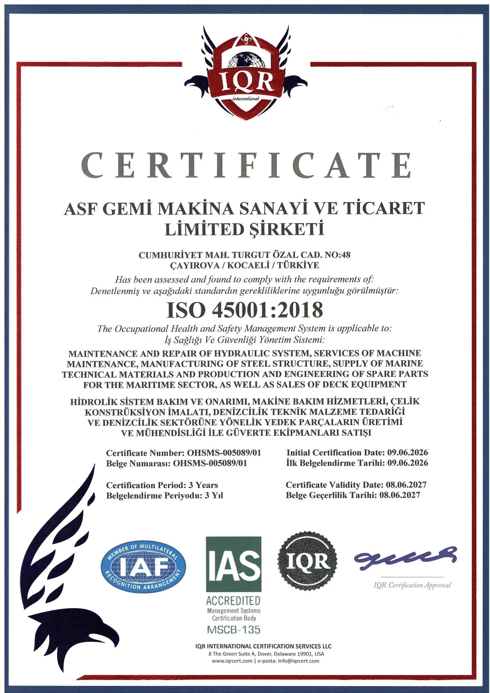 ASF-Gemi-Makina-ISO 45001:2018