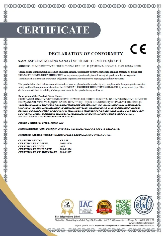ASF-Gemi-Makina DECLARATION OF CONFORMITY