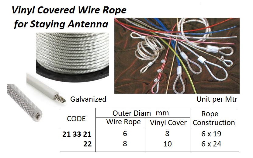 WIRE ROPE, VINYL COVERED FOR STAYING ANTENNA, GAL, 6x19 FC, 6 MM WIRE + 8 MM VINYL COVER