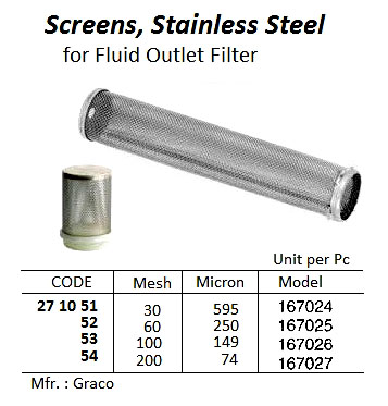SCREEN, STAINLESS STEEL FOR FLUID OUTLET FILTER, 60 MESH x 250 MICRON, 167025, GRACO
