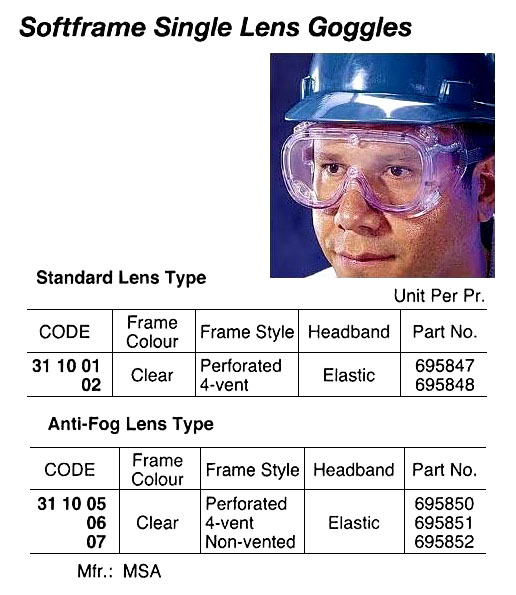 SOFTFRAME SINGLE LENS GOGGLES, ANTI-FOG LENS TYPE, CLEAR, 4-VENT, ELESTIC P.NO. 695851 | (2013-8)