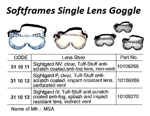 SOFTRAME SINGLE LENS GOGGLE, P, 10106269, MSA