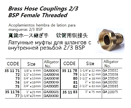 BRASS HOSE COUPLING 2/3 BSP FEMALE THREAD, 1-1/4" x 32 MM, GA200032, ALLIGATOR