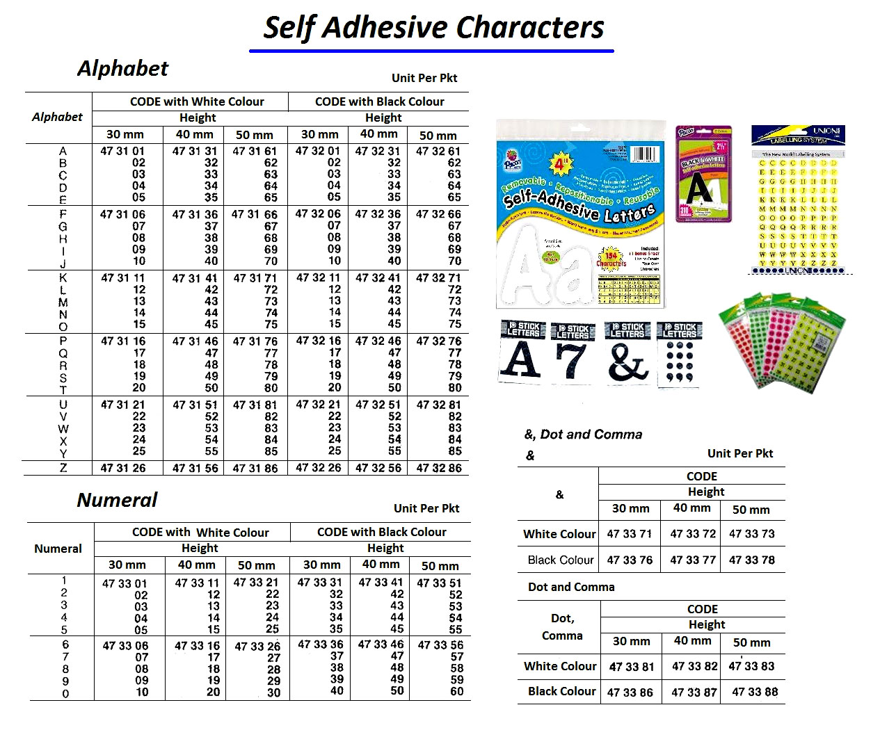 SELF ADHESIVE CHARACTER, WHITE, H= 40 MM, 10'S/PKT, H
