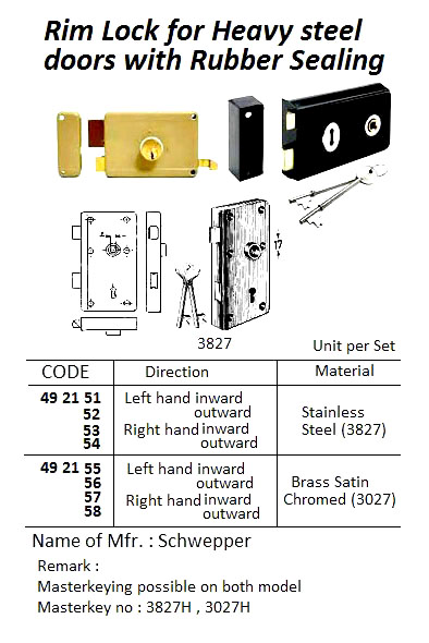 RIM LOCK FOR HEAVY STEEL DOOR WITH RUBBER SEALING, ST.STEEL, RIGHT HAND OUTWARD, 3827