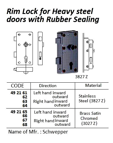 RIM LOCK FOR HEAVY STEEL DOOR WITH RUBBER SEALING, ST.STEEL, RIGHT HAND OUTWARD, 3827 Z