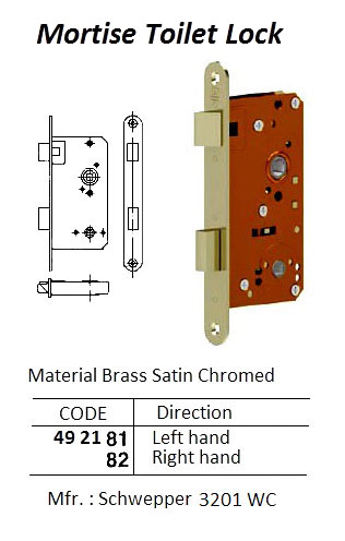 MORTISE TOILET LOCK, BRASS SATIN CHROMED, LEFTHAND