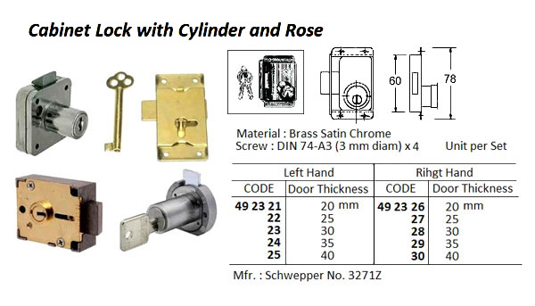 CABINET LOCKS WITH CYLINDER AND ROSE, LEFT HAND, FOR DOOR T = 40 MM