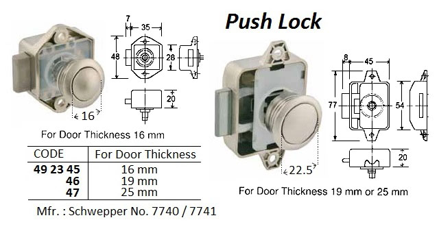 PUSH LOCK, FOR DOOR T= 16 MM