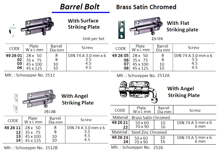 BARREL BOLT, WITH FLAT STRIKING PLATE, BRASS SATIN CHROMED, 35 x 75 MM