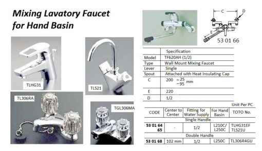 MIXING LAVETORY FAUCETS FOR HAND BASIN, SINGLE HANDLE, TLHG31 FOR L210C/250C | DS (2018-6)