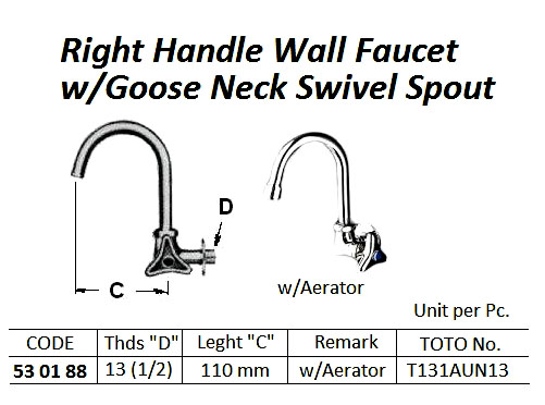 RIGHT HAND WALL FAUCET WITH GOOSE NECK SWIVEL SPOUT 13(1/2)