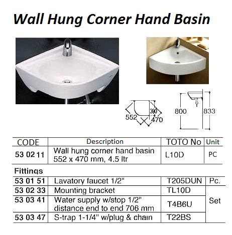 FITTINGS FOR WALL HUNG HAND BASIN 510 x 470 MM 7.5 LTR