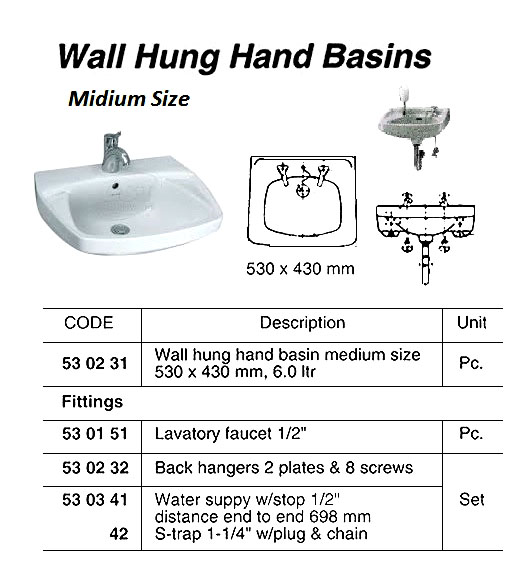 WALL HUNG HAND BASIN, MEDIUM SIZE 530 x 430MM 6.0LTR