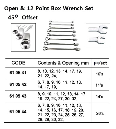OPEN & 12BOX WRENCH SET, 45 OFFSET, 6~19 MM 11'S/SET | China (2019-1)