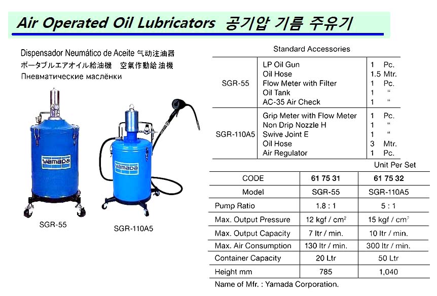 OIL LUBRICATOR, PORTABLE AIR-OPERATED SGR-55, YAMADA CO. | China (2017-11)