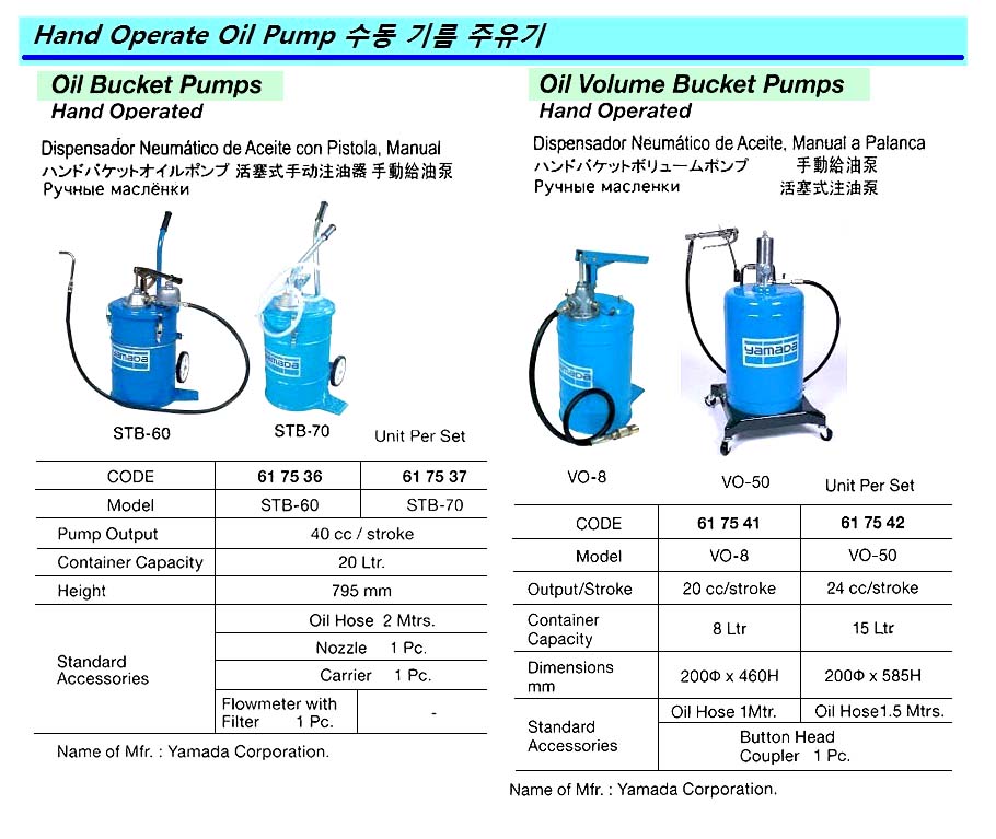 OIL VOLUME BUCKET PUMP HAND OPERATED VO-8, YAMADA CO.