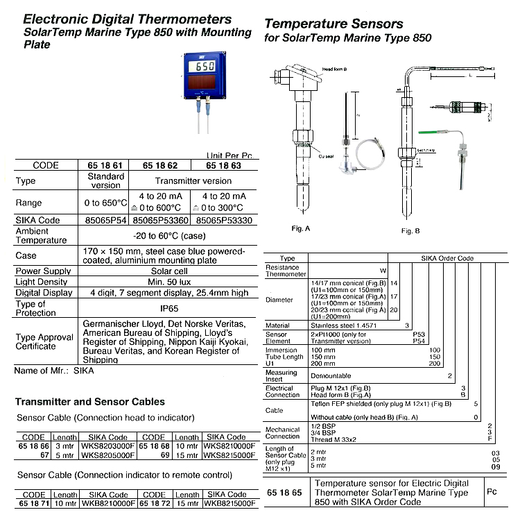 ELECTRONIC DIGITAL THERMOMETER, SOLAR TEMP MARINE TY 850, TRANSMITTER VER. 0~600 oC