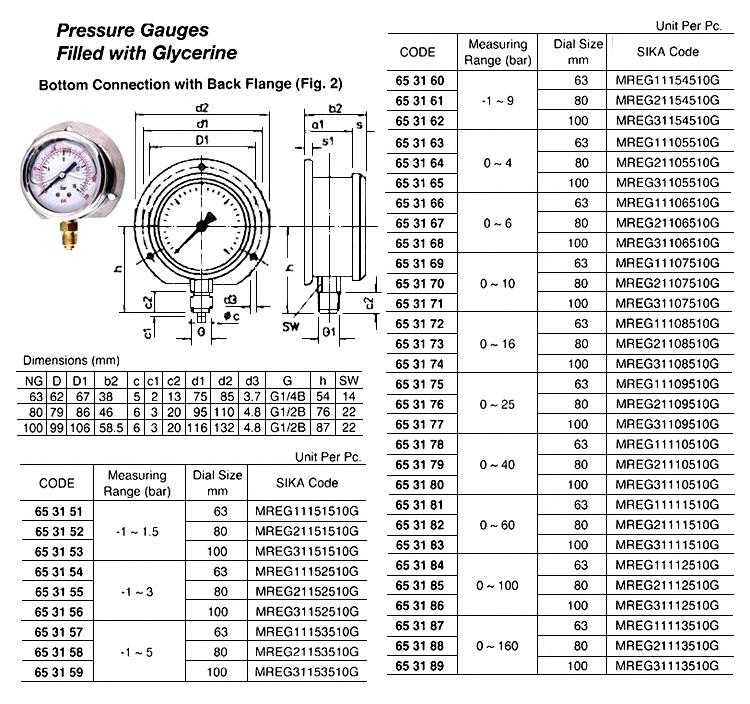 PRESSURE GAUVE, FILLED WITH GLYCERINE, BOTTOM DOWN CONNETION WITH BACK FLANGE, #MERG31109510G, 0 ~ 26 BAR, 100 MM DIA, | Korea (2019-3)