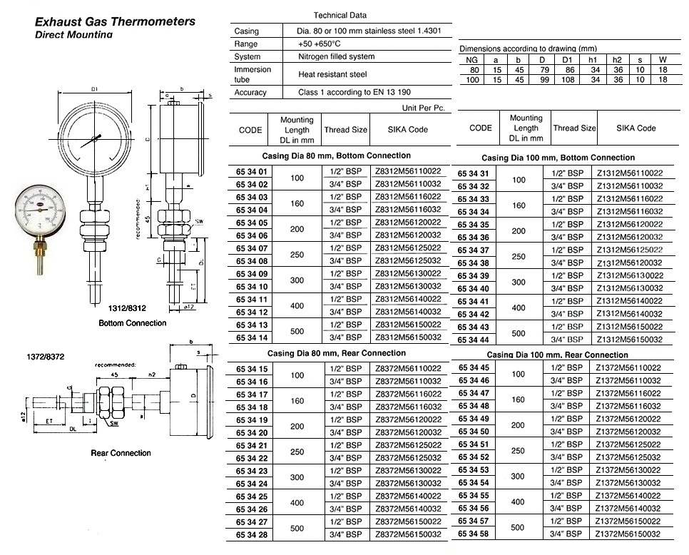 EXHAUST GAS THERMOMETER, DIRECT MOUNTING, 100 MM CASING, BOTTOM CONNECTION, 400 MM, 1/2" BSP, Z1312M56140022, SIKA
