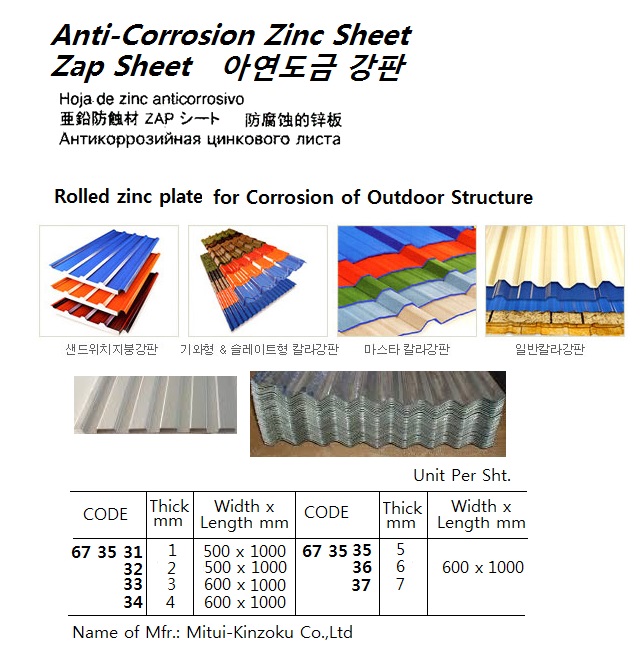 ANTI-CORROSIVE ZINC SHEET (ZAP SHEET), 7T x 600 x 1000 MM