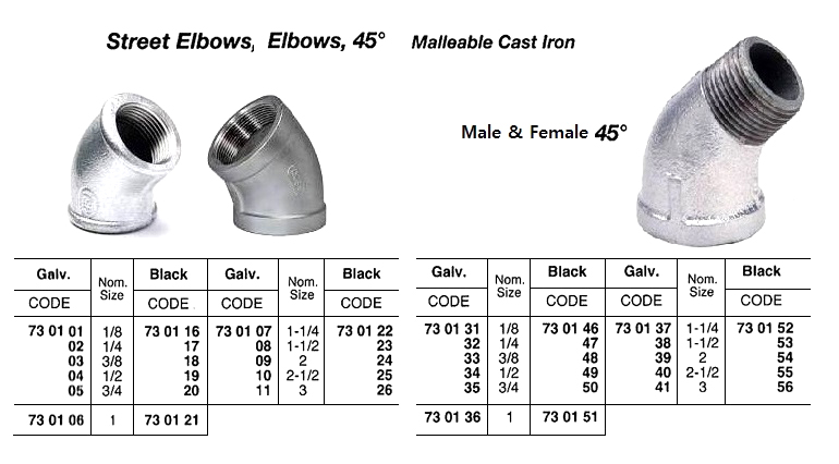 ELBOW, SCREWED, MALLEABLE CAST IRON, BLACK, 45 DEG, 1/8