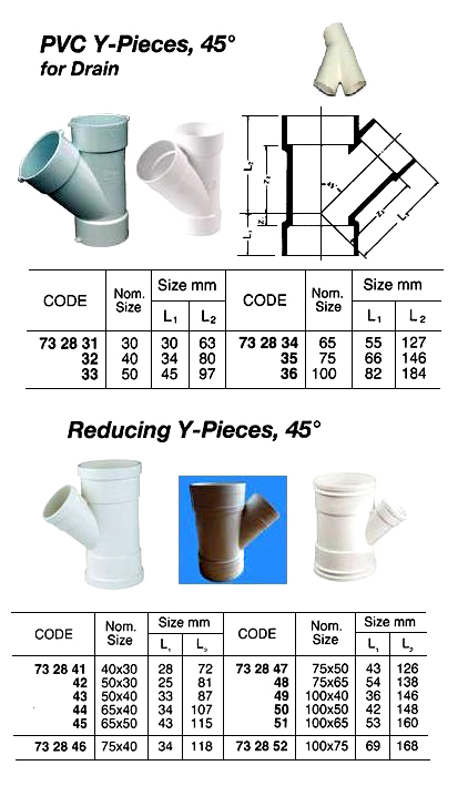 PVC REDUCING Y-PIECE FOR DRAIN, 45 DEG, SIZE 75 x 65