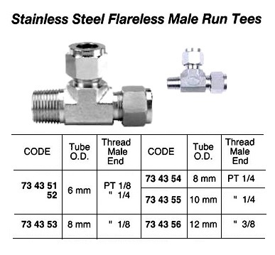 ST.STEEL FLARELESS MALE RUN TEE THREADED, 8 MM x PT 1/4