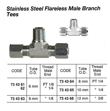 ST.STEEL FLARELESS MALE BRANCH TEE THREADED, 6 MM x PT 1/4 | (2013-8)
