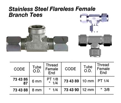 ST.STEEL FLARELESS FEMALE BRANCH TEE THREADED, 6 MM x PT 1/8