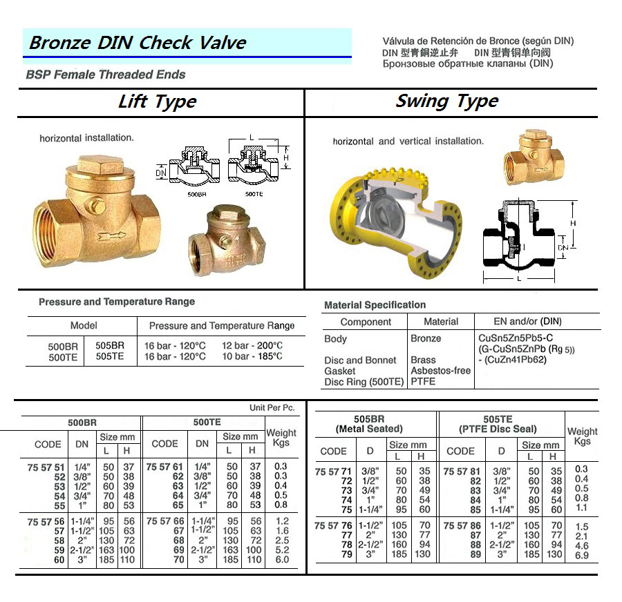CHECK VALVE (DIN), BRONZE, BSPP THREADED ENDS, SWING TY, PTFE DISC SEAT, 505TE, SIZE D 2" | Chunil Korea (2017-11)