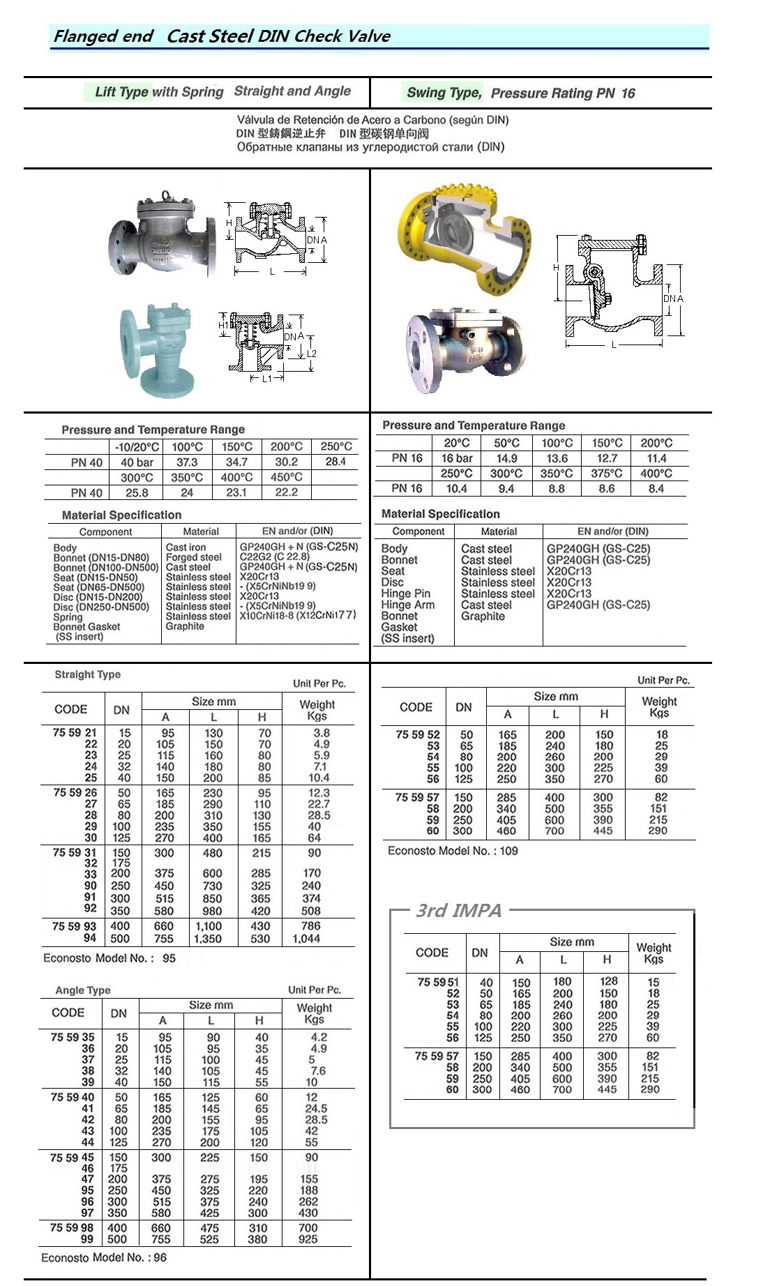 CHECK VALVE (DIN), CAST STEEL, FLANGED, LIFT TY WITH SPRING, STRAIGHT, PN 40 SIZE DN 350