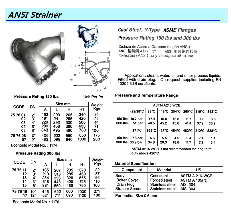STRAINER (ANSI), CAST STEEL, Y-TY, ASME FLANGE, 300 LBS, SIZE DN 6"